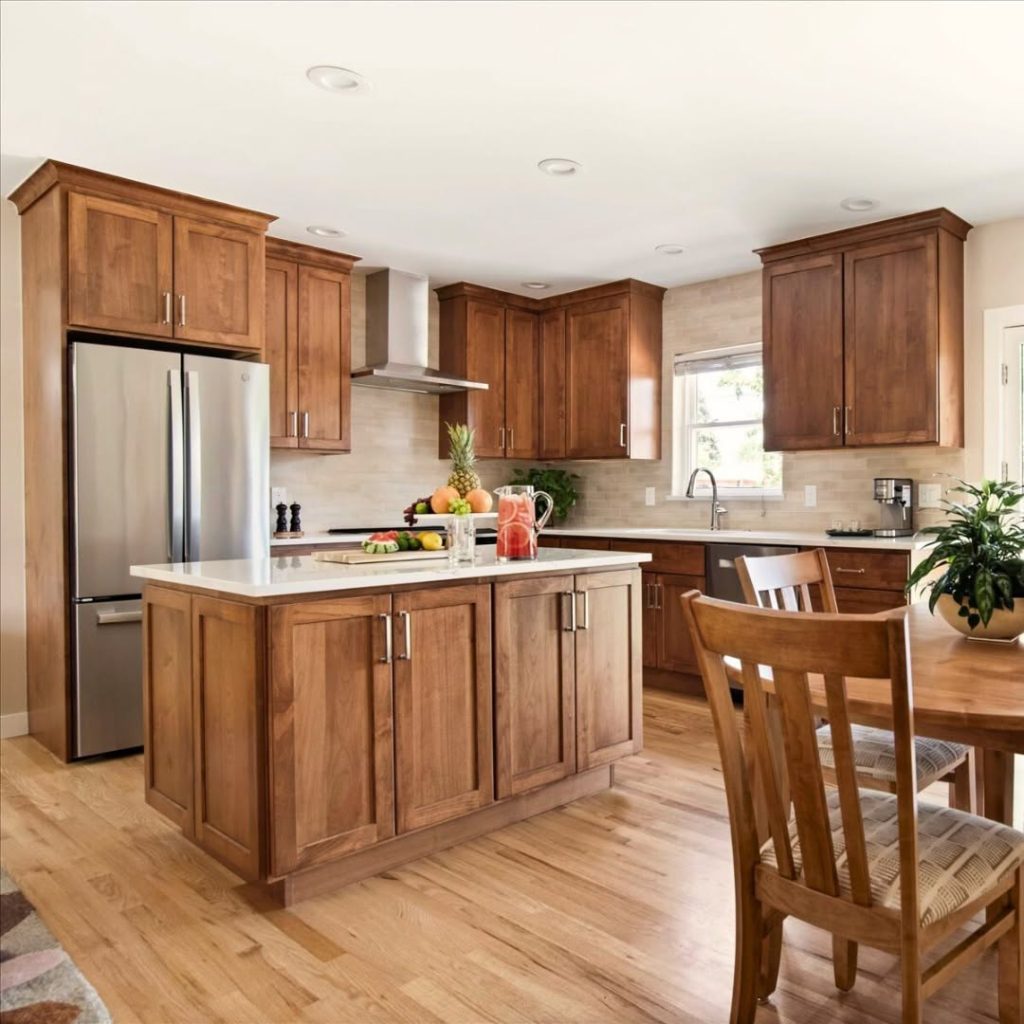 Warm kitchen with wooden cabinets, white island countertop, and a dining area