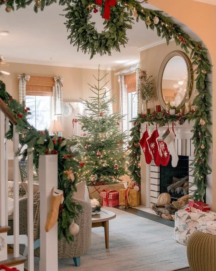 Cozy living room decorated for Christmas with a tree, stockings, and gifts