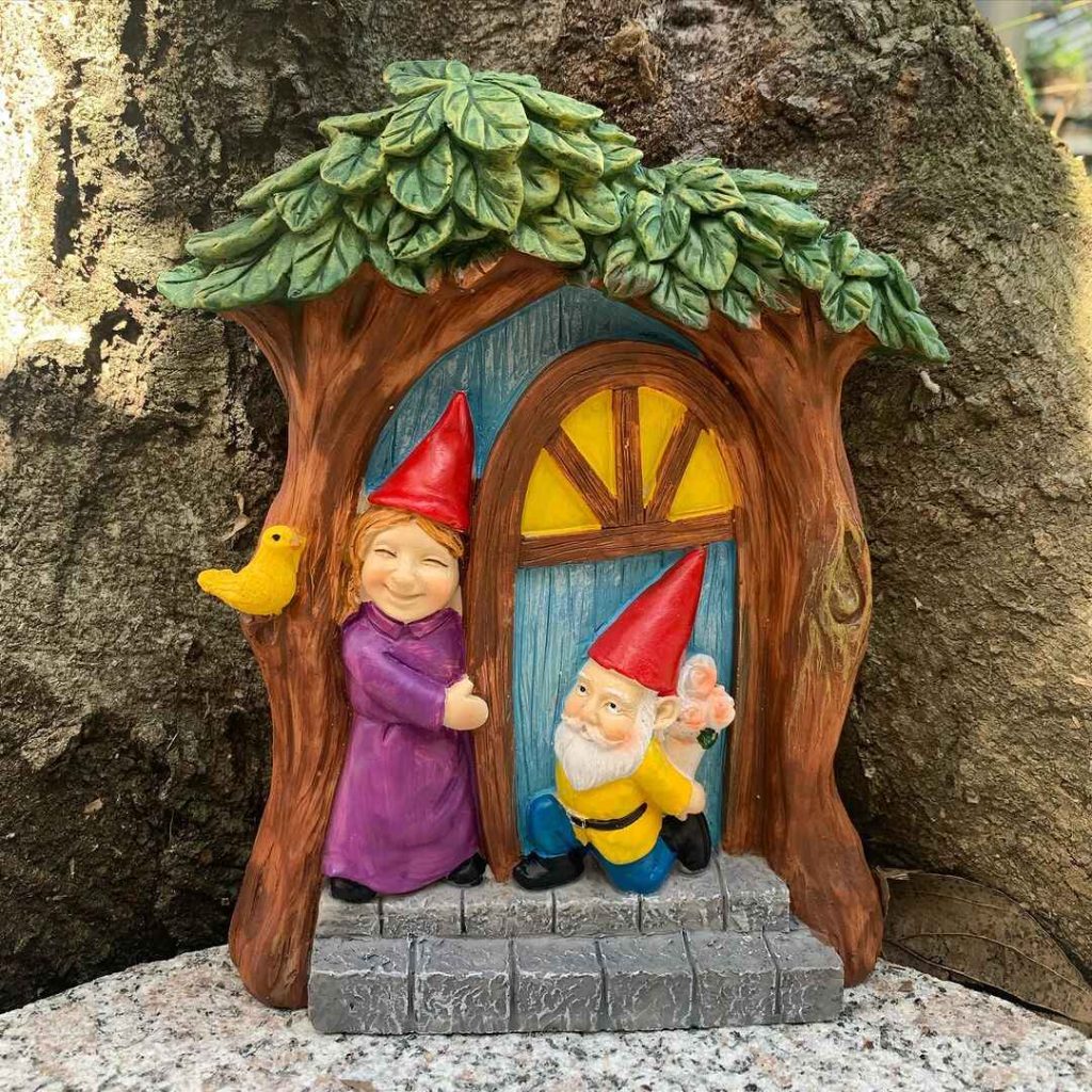 Magical gnome door nestled in tree trunk hideaway