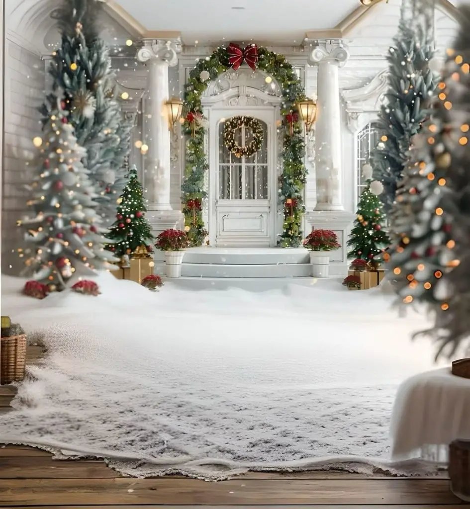 Festive winter entrance decorated with garlands and snow