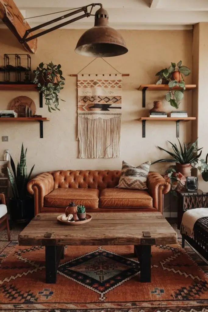 Bohemian living room with leather chesterfield sofa macrame wall hanging and wooden coffee table