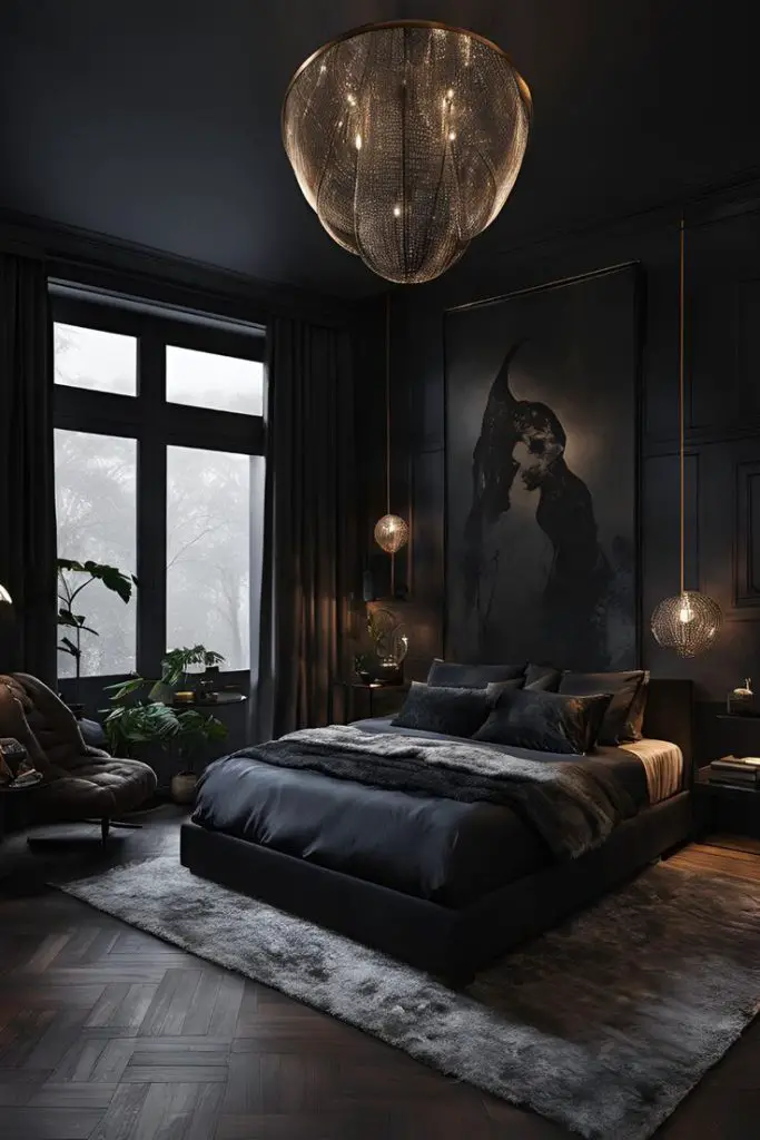 Luxurious dark bedroom with crystal chandelier and monochromatic decor