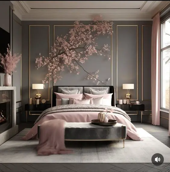 Luxury bedroom with cherry blossom mural gray walls and pink bedding