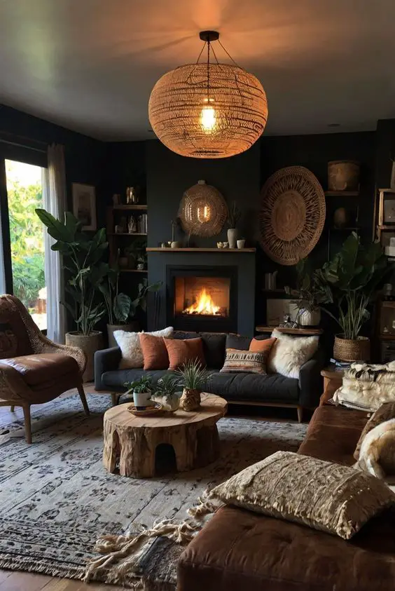 Cozy dark living room with woven pendant light and natural decor elements