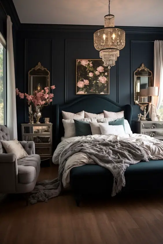 Luxurious bedroom with dark walls crystal chandelier and pink floral accents