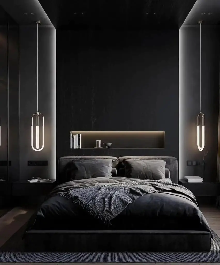 Modern black bedroom with floating pendant lights and platform bed