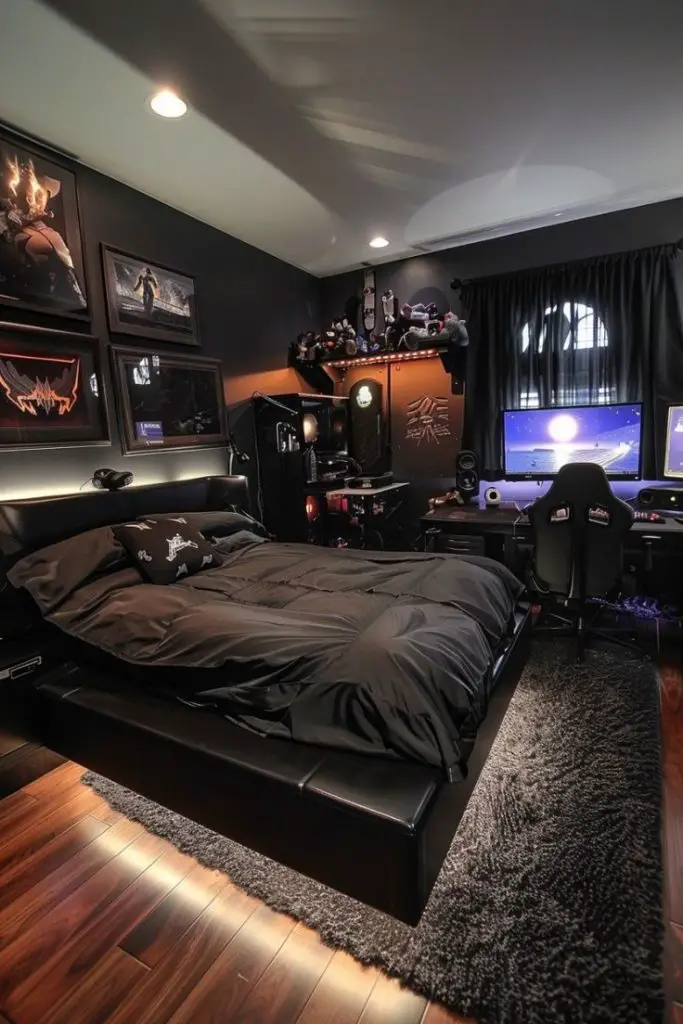Dark gaming bedroom with LED lights gaming setup and collectible displays