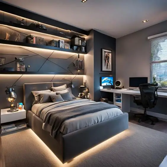 Modern teen bedroom with geometric LED wall panels and built-in desk setup