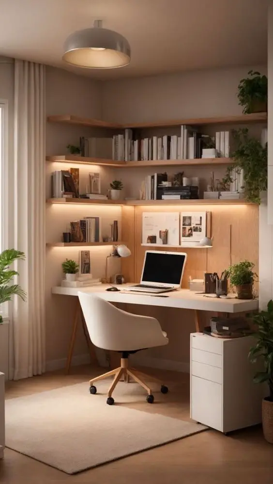 Corner home office with built-in shelving and white desk setup