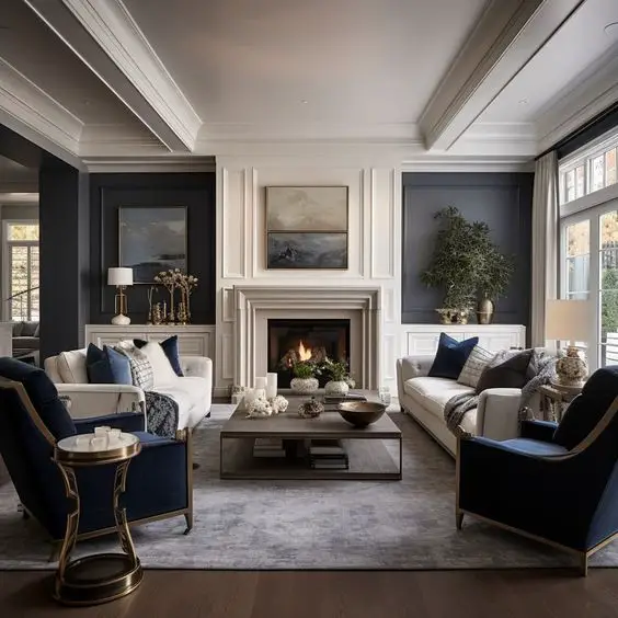 Traditional living room with navy chairs white sofas and limestone fireplace