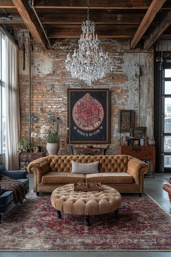 Elegant living room featuring exposed brick crystal chandelier and brown leather sofa