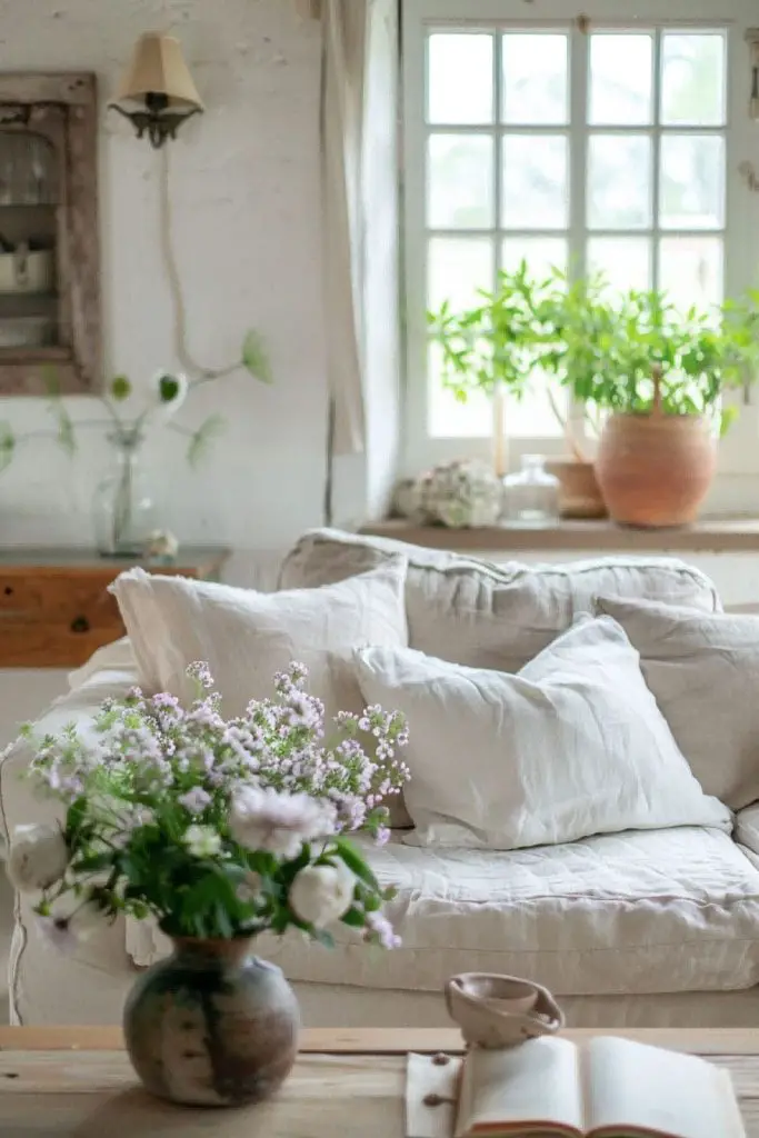 White slipcovered sofa with linen pillows, potted plants on windowsill