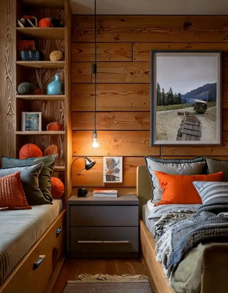 Wooden cabin style dorm with basketball decor and orange gray color scheme