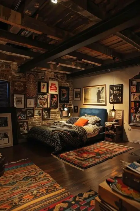 Industrial bedroom with brick walls vintage music posters and layered rugs