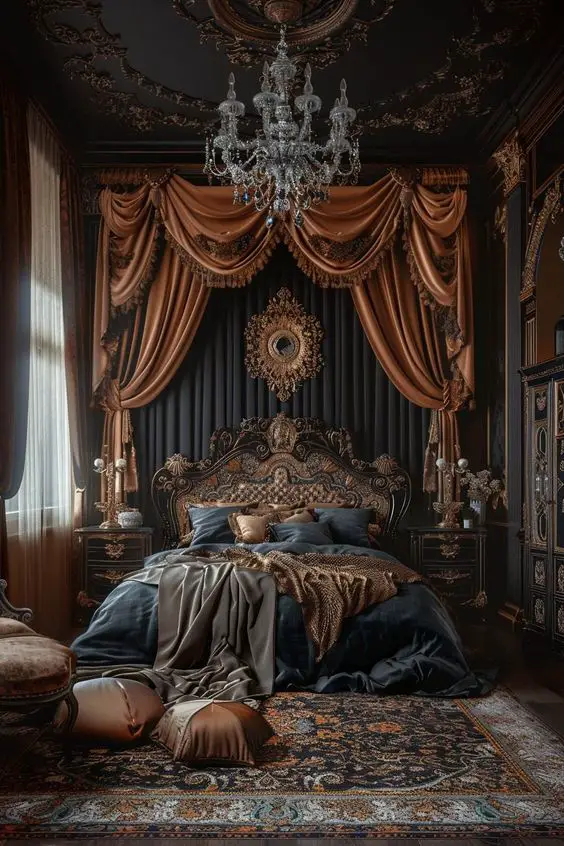 Dark romantic bedroom with crystal chandelier and copper drapes