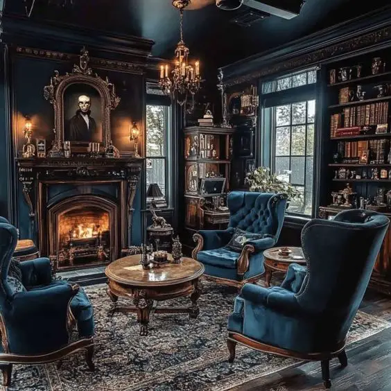 Dark blue Victorian study with ornate fireplace and velvet chairs