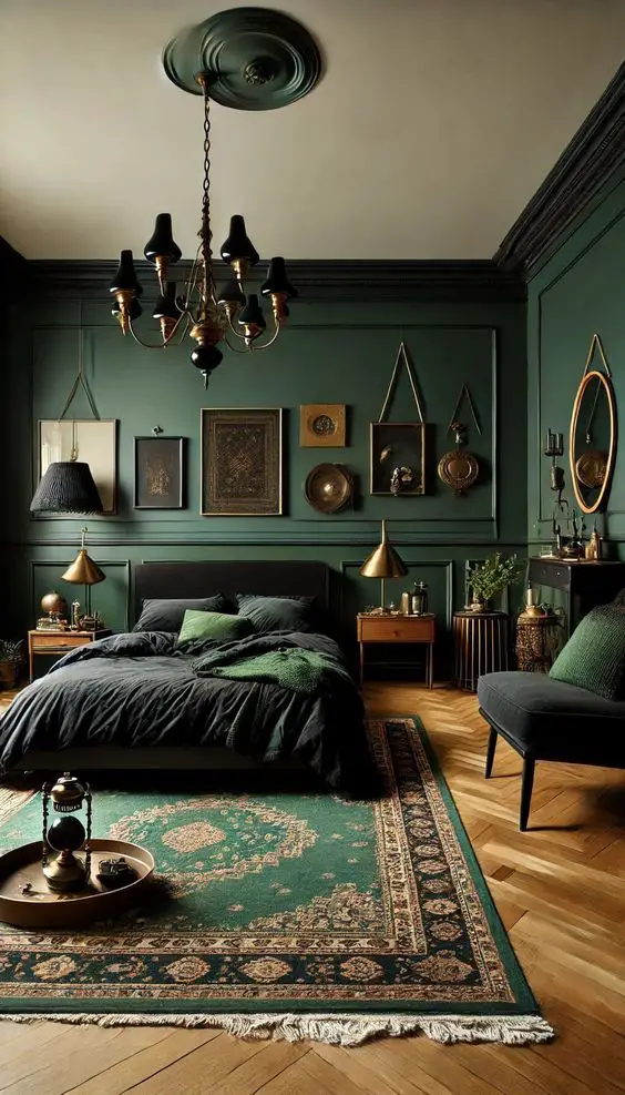 Dark green bedroom with vintage decor brass accents and traditional rug