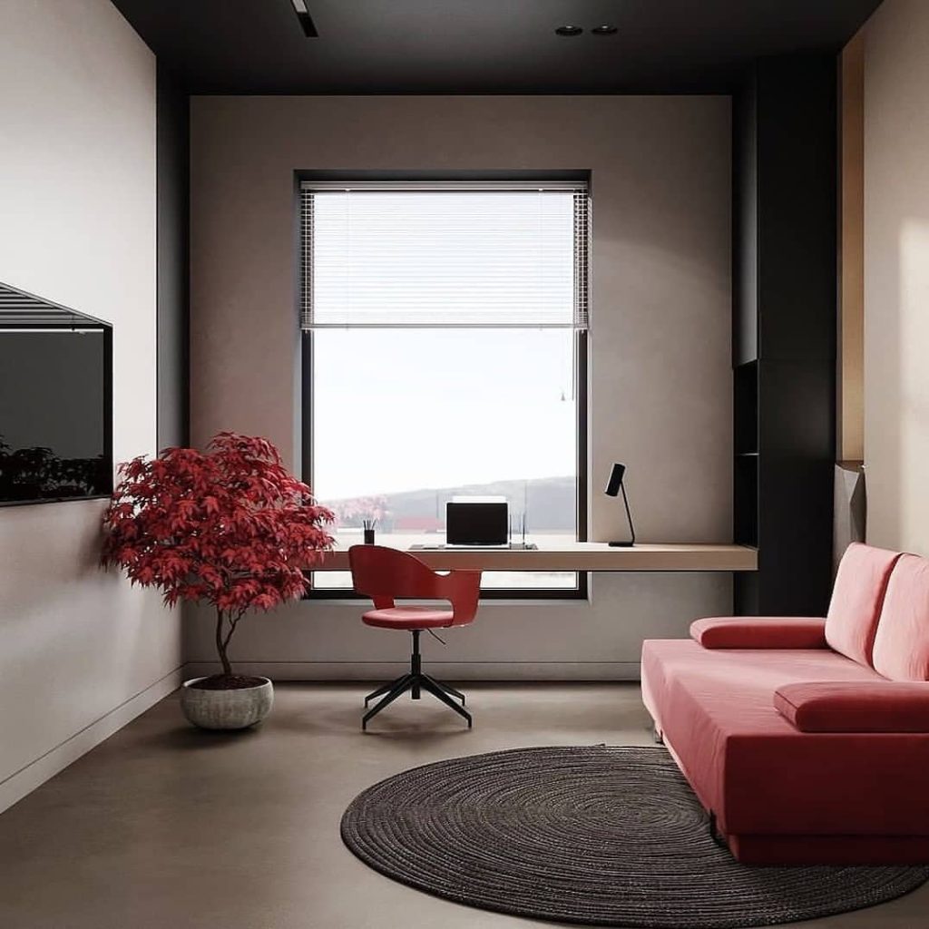 White office space with pegboard walls and natural decor elements