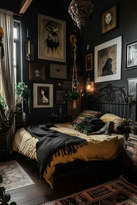 Dark bedroom with vintage gallery wall and hanging plants
