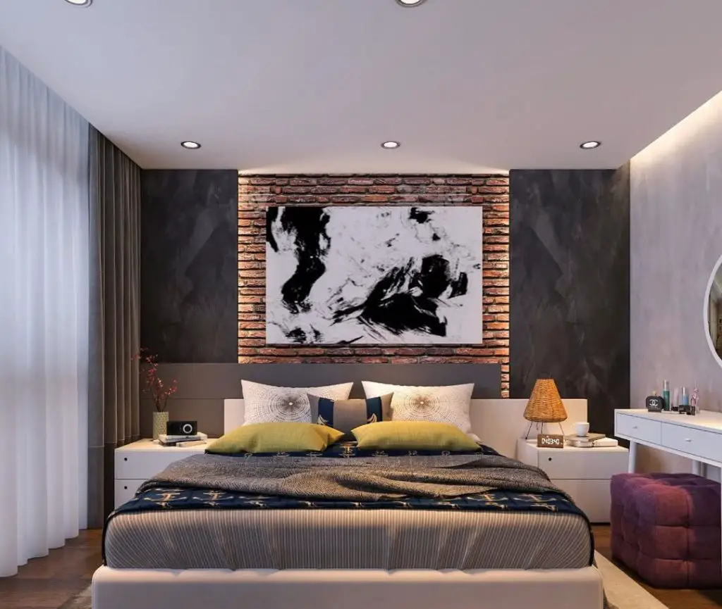 Bedroom with illuminated green shelving displaying LEGO sets and hanging bed
