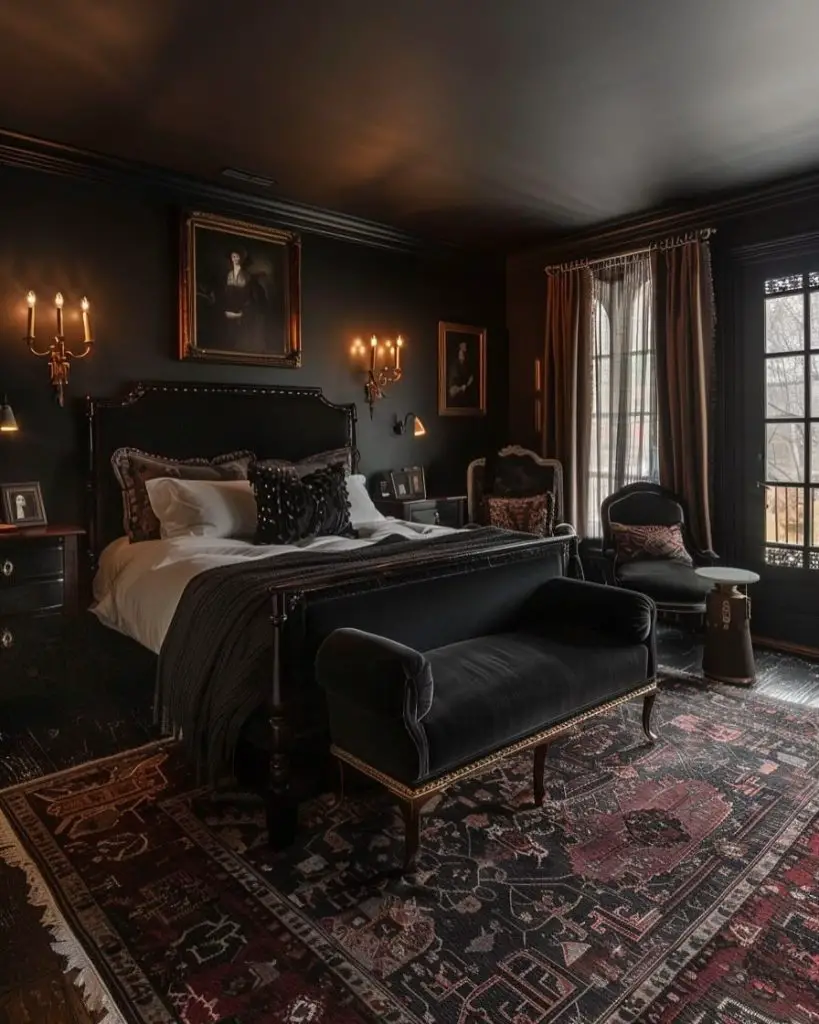Dark bedroom with tufted velvet furniture and crystal chandelier lighting