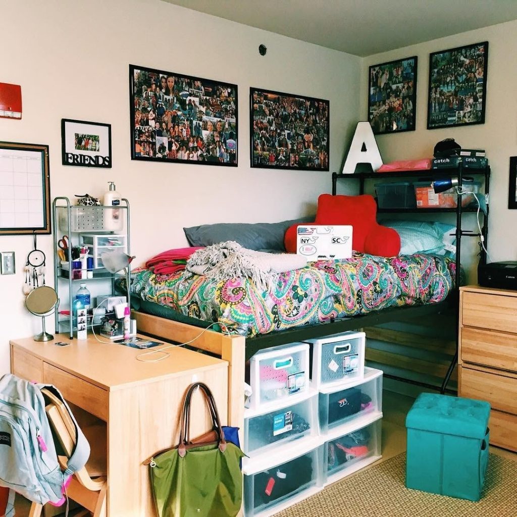 Dorm room with friends photo collage wall and navy bedding design