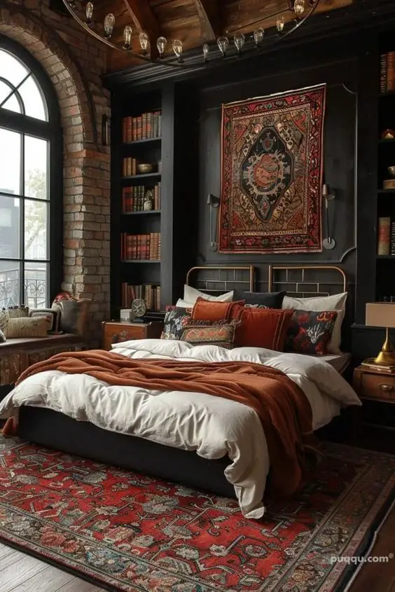 Dark bedroom with brick walls arched window and vintage books perfect for Gothic aesthetics