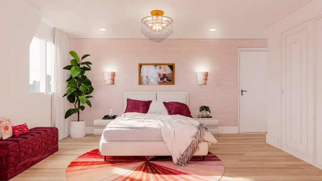Modern bedroom with pink sofa and crystal chandelier