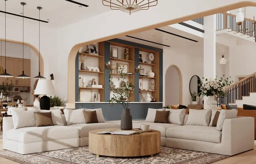 Modern living room with arched doorways and built-in wood shelving