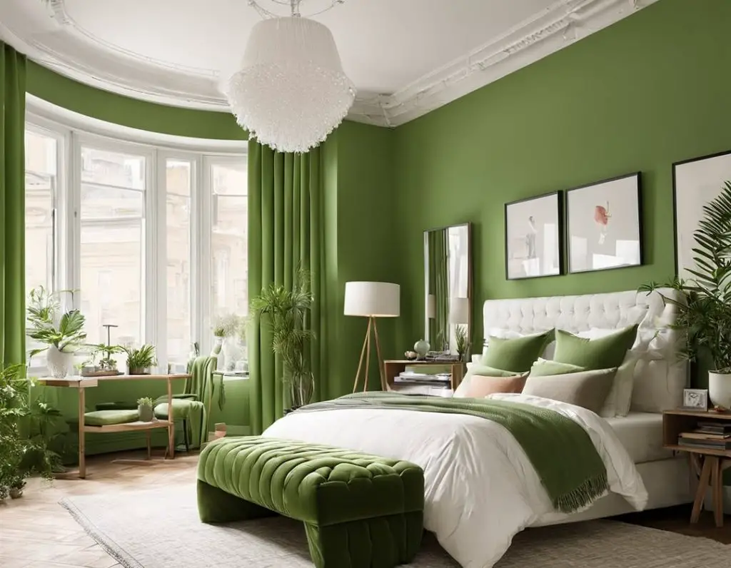 Dark green bedroom with geometric panels metallic wall art modern lighting
