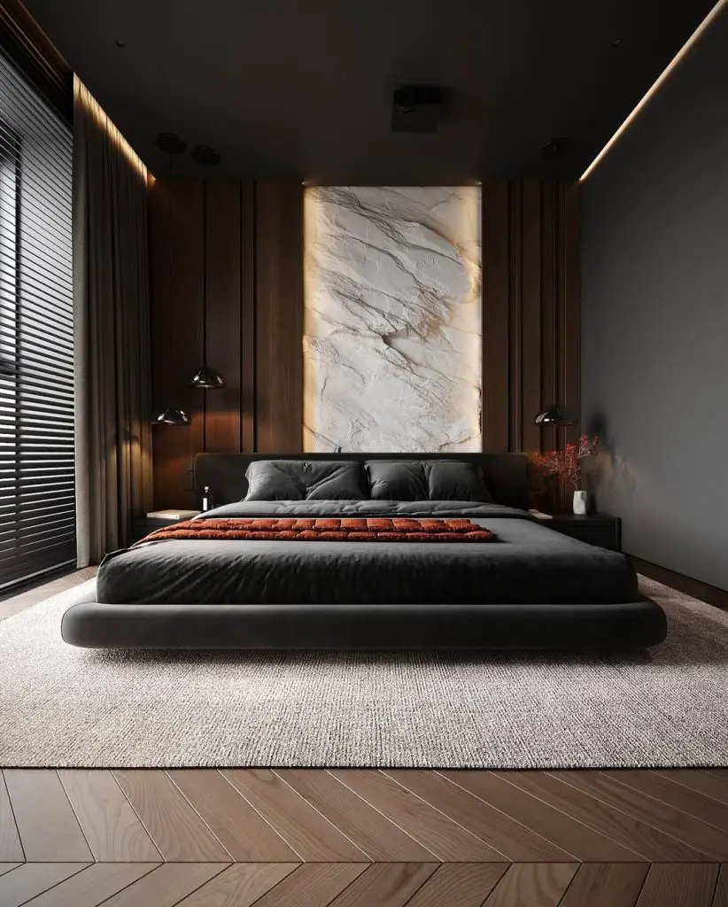 Modern bedroom with illuminated marble wall feature and platform bed