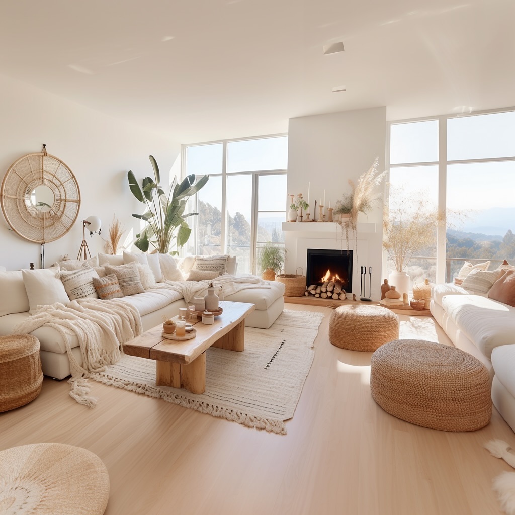 Bright minimalist living room with white sectional natural textures and mountain views through large windows