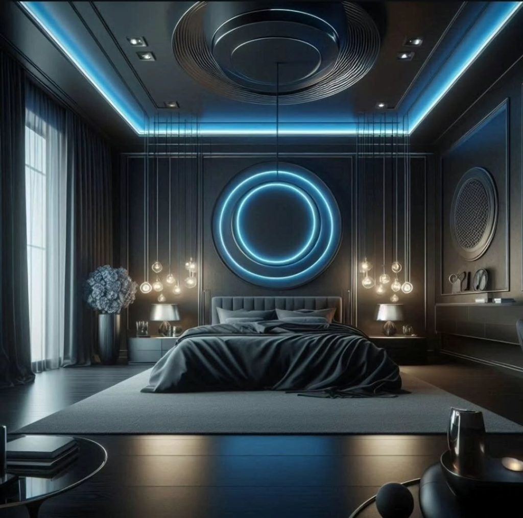 Modern bedroom with large blue neon circle light installation and hanging glass pendants