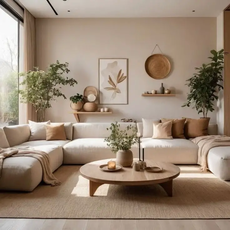 Modern beige living room with sectional sofa and abstract wall art