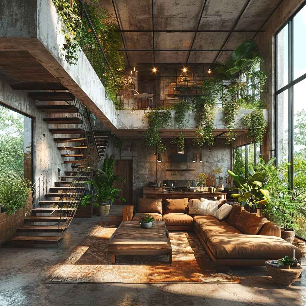 Industrial living room with hanging plants concrete walls and brown leather sectional sofa