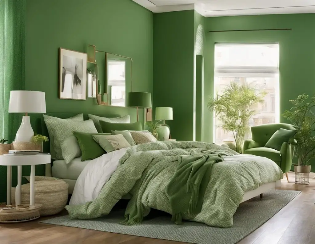 Green bedroom with indoor plants white headboard natural light