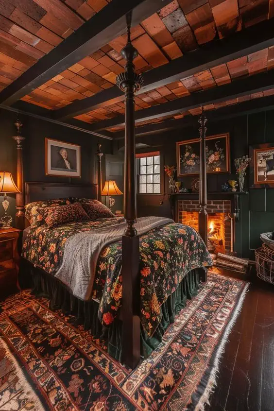 Romantic bedroom with four poster bed fireplace and vintage decor