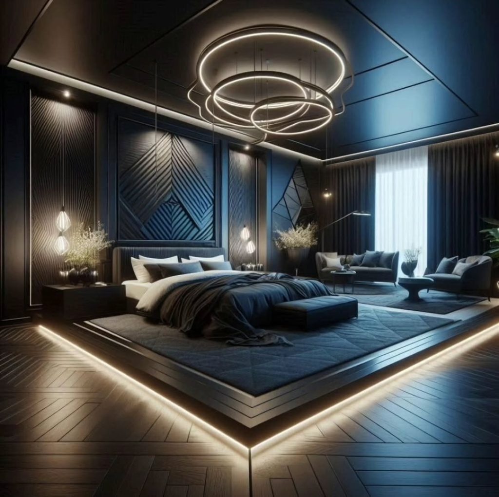 Luxurious dark bedroom with geometric wall patterns and modern ring chandelier