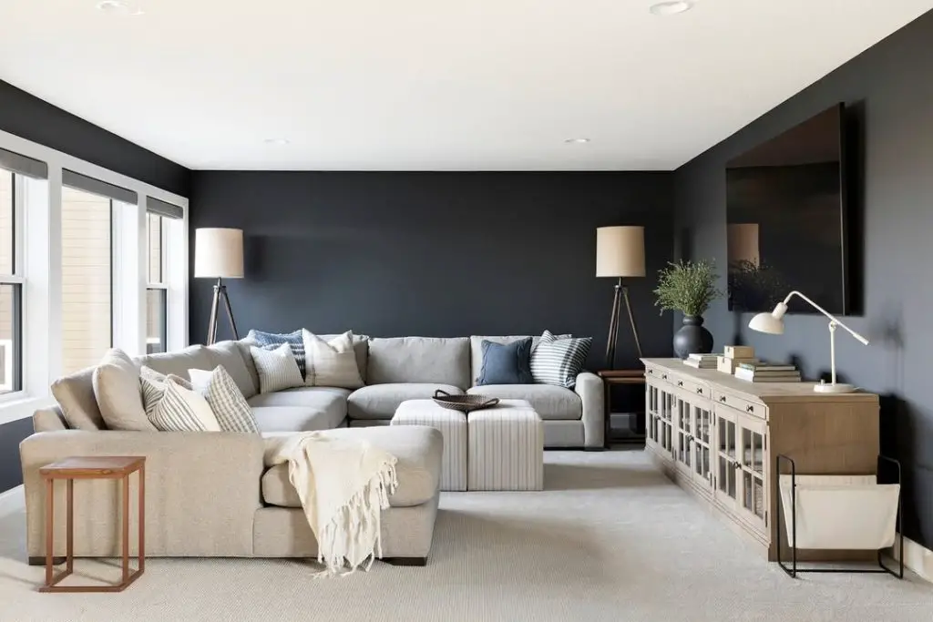 Grey living room with sectional sofa modern decor and gallery wall