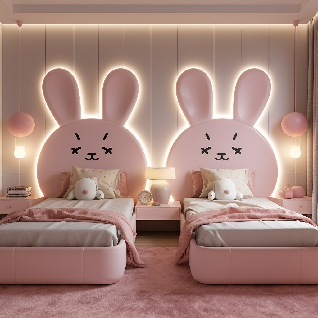 Romantic bedroom with soft pink walls and golden accents