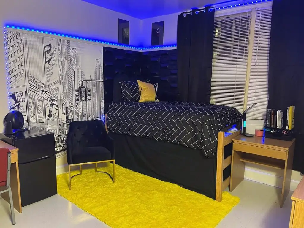 Dorm room with sunburst wall design lofted bed and wooden desk