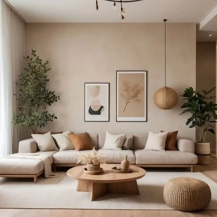 Modern living room with white sectional and floor to ceiling bookshelves