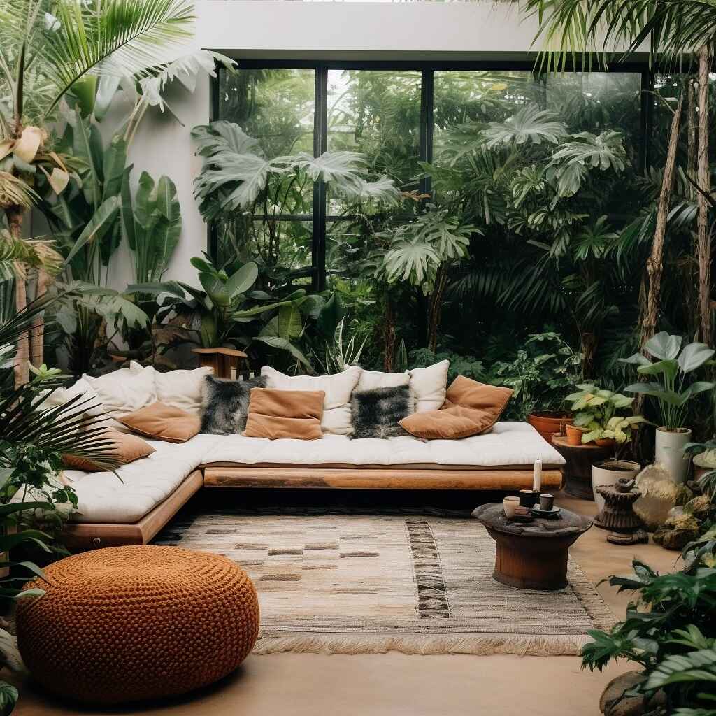Cozy seating area surrounded by tropical plants and natural decor elements
