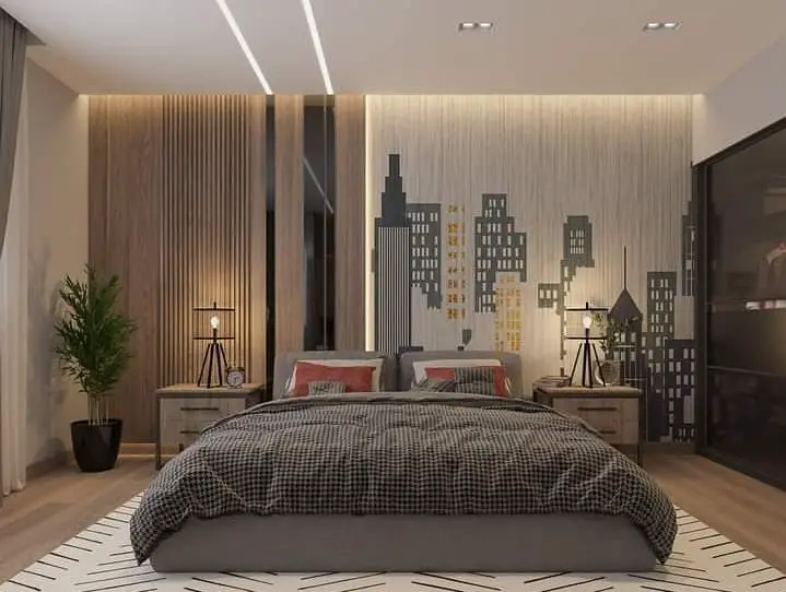 Contemporary bedroom featuring cityscape wall art and modern lighting