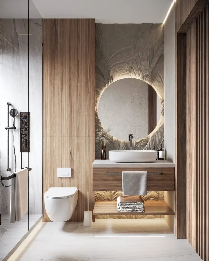 Minimalist bathroom with wooden accents and textured wall design