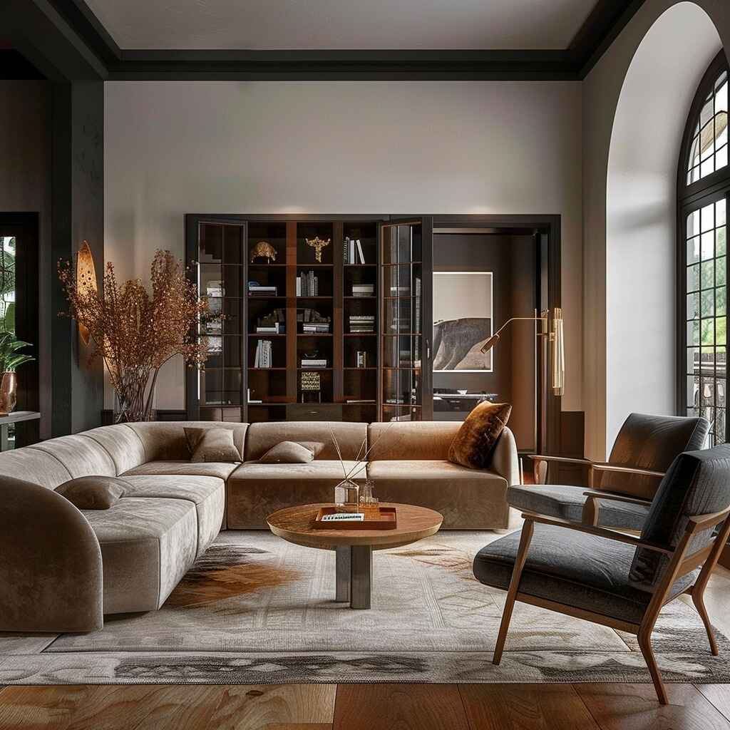 Modern living room with built-in bookcases and curved sectional sofa
