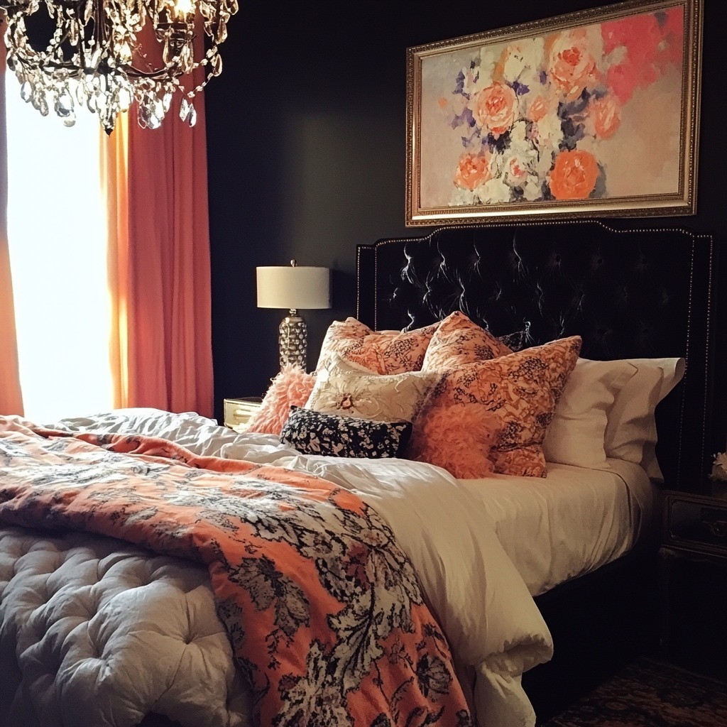 Green bedroom with leather headboard and floral bedding set