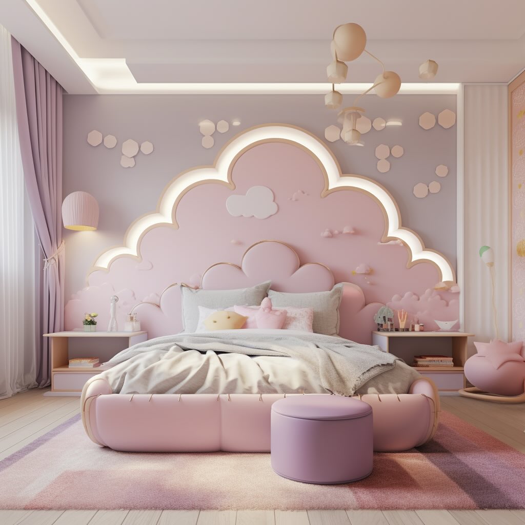 Minimalist bedroom with wooden bed frame and pink curtains