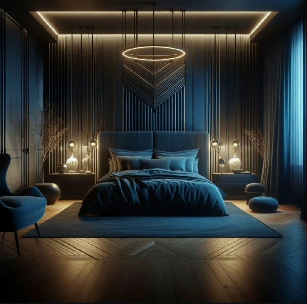 Dark bedroom with vertical wall panels and floating ring light fixture