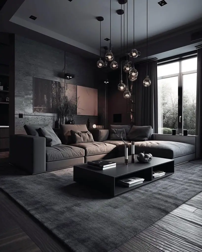 Dark reading room with climbing vines and forest view